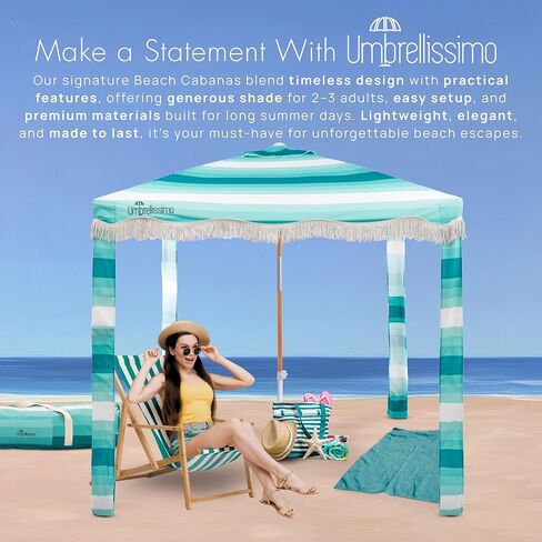Premium Beach Cabana - Umbrellissimo Sage. Includes Sand Anchor, Designer Canvas Prints & Fringe finishes, Sand Pockets, pegs, Matching Carry Bag. Easy Set up 6.6'x6.6' of Cool UPF 50+ Shade in Saudi Arabia