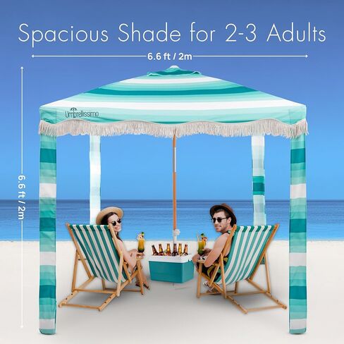 Premium Beach Cabana - Umbrellissimo Sage. Includes Sand Anchor, Designer Canvas Prints & Fringe finishes, Sand Pockets, pegs, Matching Carry Bag. Easy Set up 6.6'x6.6' of Cool UPF 50+ Shade in Saudi Arabia