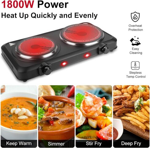 2000W Hot Plate,Portable Electric Stove Countertop Double Burner Infrared Burner with 7.5" & 6.3" Ceramic Glass Cooktop Stepless Temperature Adjustments for Home in Kuwait