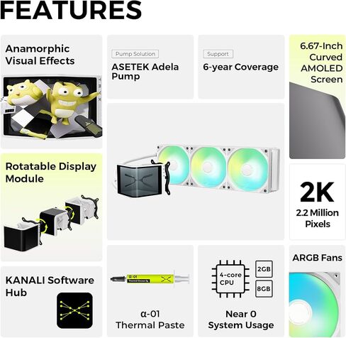 TRYX Panorama SE 240 ARGB 240mm AIO Rotatable 6.67'' AMOLED Curved Screen 3D Anamorphic Effect Customizable AIO Cooler 240mm Asetek Adela Pump 260w TDP ARGB Fan Intel LGA 1851/1700 AMD AM5/AM4 in Kuwait