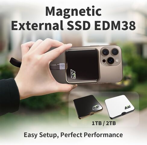 Agi EDM38 Magnetic Portable 1TB SSD ، 2050 MB/S Type-C USB 3.2 GEN 2X2 Storage (Black) ، سجل PRORE 4K ، محرك الحالة الصلبة الخارجية لـ iPhone 16/15 Pro Max ، الهاتف الذكي ، الكمبيوتر اللوحي ، الكمبيوتر المحمول in Kuwait