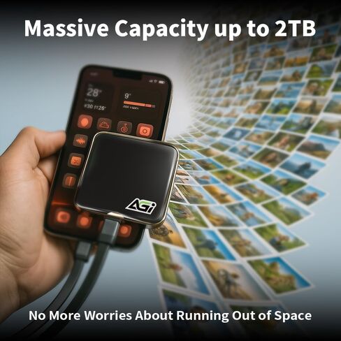 Agi EDM38 Magnetic Portable 1TB SSD ، 2050 MB/S Type-C USB 3.2 GEN 2X2 Storage (Black) ، سجل PRORE 4K ، محرك الحالة الصلبة الخارجية لـ iPhone 16/15 Pro Max ، الهاتف الذكي ، الكمبيوتر اللوحي ، الكمبيوتر المحمول in Kuwait