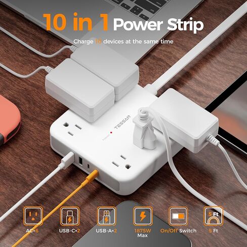 Surge Protector Power Strip 2100J ، Tessan 5 FT Sext Scar مع منافذ مسطحة منافذ متعددة ، 4 USB (2 USB C) و 6 منافذ AC ، محطة شحن الموانئ متعددة للمنزل الأساسيات in Saudi Arabia