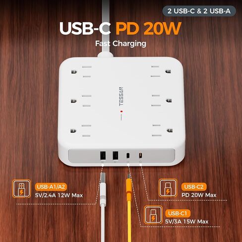 Surge Protector Power Strip 2100J ، Tessan 5 FT Sext Scar مع منافذ مسطحة منافذ متعددة ، 4 USB (2 USB C) و 6 منافذ AC ، محطة شحن الموانئ متعددة للمنزل الأساسيات in Saudi Arabia