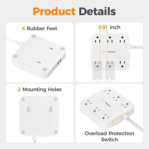 Surge Protector Power Strip 2100J ، Tessan 5 FT Sext Scar مع منافذ مسطحة منافذ متعددة ، 4 USB (2 USB C) و 6 منافذ AC ، محطة شحن الموانئ متعددة للمنزل الأساسيات in Saudi Arabia