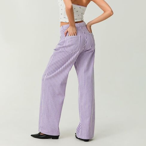 Franhais Striped Jeans for Women Trendy Drawstring Low Rise Baggy Jeans Y2K Straight Wide Leg Boyfriend Denim Pants Street in Saudi Arabia