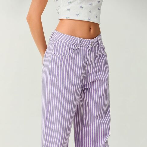 Franhais Striped Jeans for Women Trendy Drawstring Low Rise Baggy Jeans Y2K Straight Wide Leg Boyfriend Denim Pants Street in Saudi Arabia