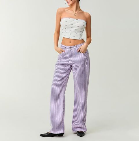 Franhais Striped Jeans for Women Trendy Drawstring Low Rise Baggy Jeans Y2K Straight Wide Leg Boyfriend Denim Pants Street in Saudi Arabia