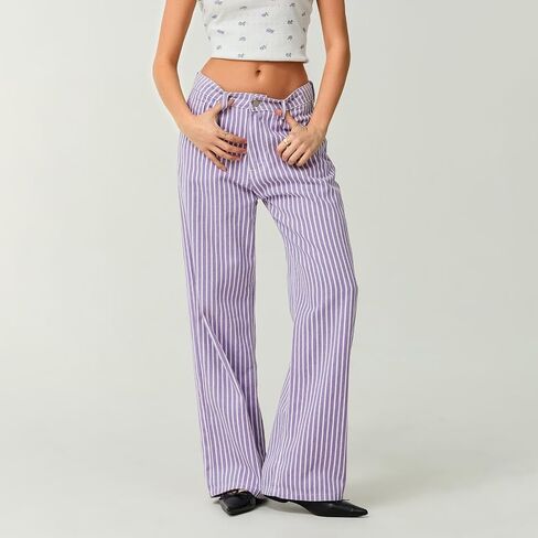 Franhais Striped Jeans for Women Trendy Drawstring Low Rise Baggy Jeans Y2K Straight Wide Leg Boyfriend Denim Pants Street in Saudi Arabia