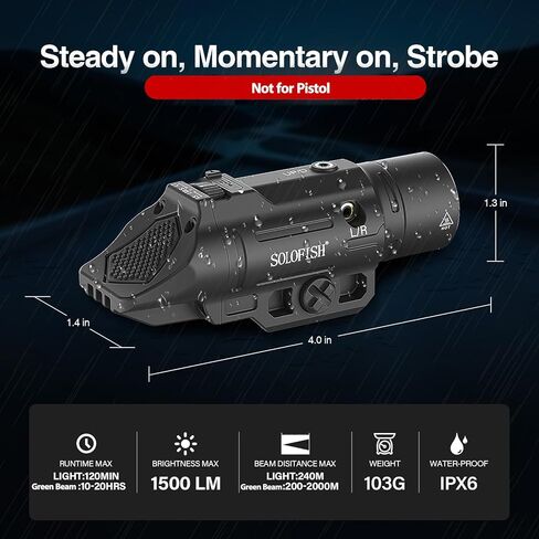 Solofish 1500 Lumen مصباح يدوي تكتيكي قابل للتكتيك متوافق مع السكك الحديدية عرض Picatinny 21 ملم للبندقية (وليس للمسدس) ، ضوء الأسلحة القابل لإعادة الشحن مع مؤشر/لحظة/طاقة in Kuwait