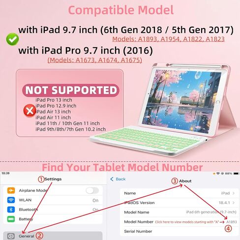 Keyboard Case for iPad 9.7 (6th Gen 2018 / 5th Gen 2017) / Pro 9.7 inch (2016) - 7 Colors Backlit Keyboard Cover and Mouse (Light Purple) in Saudi Arabia