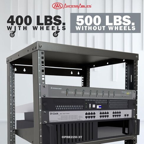 AxcessAbles 12U Open Frame Network & AV Rack with Caster Wheels, Two 2U Shelves, 10-32 & Cage Nut Compatible Rails, Cage Nuts, Screws, Cage Nut Tool & Wall Mount Kit | 19-Inch Rack in Kuwait