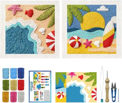 ORIGACH 2 Set Embroidery Punch Needle Kit with Frame, Summer Beach Needle Punching Kit with Patterns, Threads, Tools & Instructions for Beginners & Adults, DIY Wall Hanging Decor in Saudi Arabia