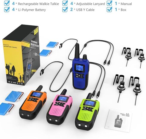 Talkies Walkie للبالغين طويلة المدى مع إعادة شحنها مع NOAA Weather Alert ، متعددة الأغراض 2 Way Radios 4 Pack for Team Collors Care Kids Adventure Family Camping Cruise Cruise in Kuwait