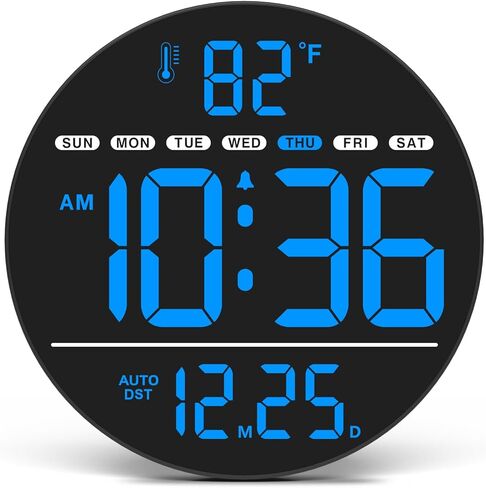 WallarGe Large Digital Wall Clock with LED Display, Electric Wall Clock with Temperature, Auto DST, Date, and Day, 5-Level Brightness for Office, Bedroom, Living Room, Classroom Décor in Kuwait