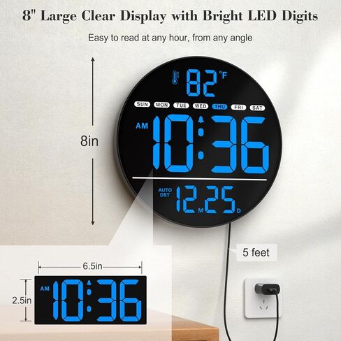 WallarGe Large Digital Wall Clock with LED Display, Electric Wall Clock with Temperature, Auto DST, Date, and Day, 5-Level Brightness for Office, Bedroom, Living Room, Classroom Décor in Kuwait