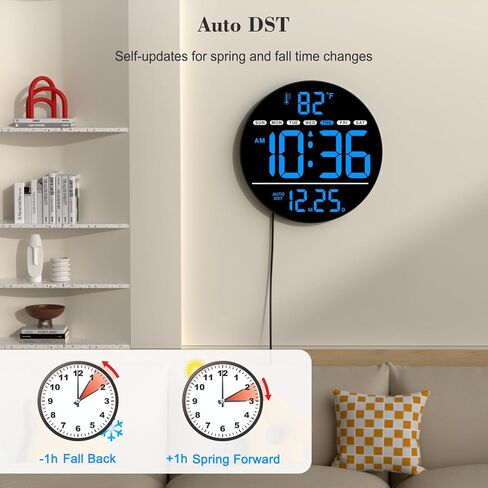 WallarGe Large Digital Wall Clock with LED Display, Electric Wall Clock with Temperature, Auto DST, Date, and Day, 5-Level Brightness for Office, Bedroom, Living Room, Classroom Décor in Kuwait