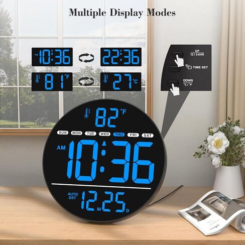 WallarGe Large Digital Wall Clock with LED Display, Electric Wall Clock with Temperature, Auto DST, Date, and Day, 5-Level Brightness for Office, Bedroom, Living Room, Classroom Décor in Kuwait