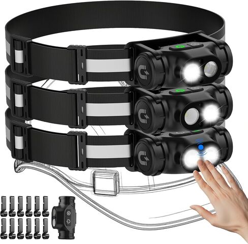 مصابيح الأمامية القابلة لإعادة الشحن 3pcs ، مصباح رأس زاهي عالي اللقاح LED مع مستشعر الحركة ، 4 أوضاع ، مغناطيس ، مصباح يدوي قابل للفصل للبالغين ، الجري ، في الهواء الطلق ، الطوارئ ، ضوء القبعة الصلبة in Kuwait