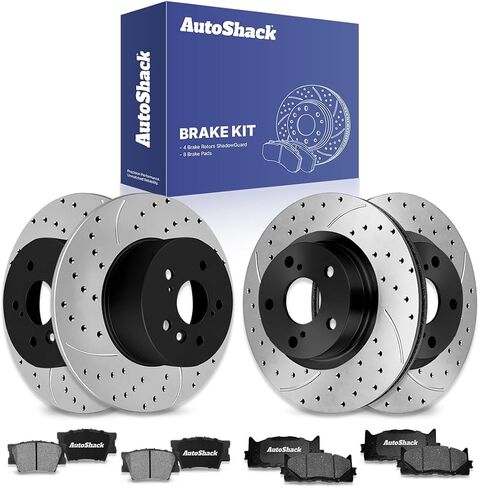 استبدال مجموعة فرامل Autoshack للفرامل لعام 2007-2011 Toyota Camry 2008-2011 Avalon 2007-2010 Lexus ES350 FWD الأمامي الخلفي المحفور والقطن المغطى بالقرص الإلكترونية وسادات السيراميك SCD1212PR41435 in Saudi Arabia