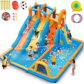 Bounce House Water Slide, 10 in 1 Inflatable Water Slide for Kids, Water Park with Blower, Water Gun, Jumping, Circle,Climbing Wall, Basketball Hoop, Blow Up Water Slides Backyard Outdoor Indoor in Kuwait