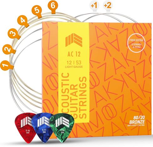Acoustic Guitar Strings 3 Packs 80/20 Bronze Acoustic Guitar Strings for 6 String Guitars with 2 Free Acoustic Strings and 3 Picks. 12-53 Light in Saudi Arabia