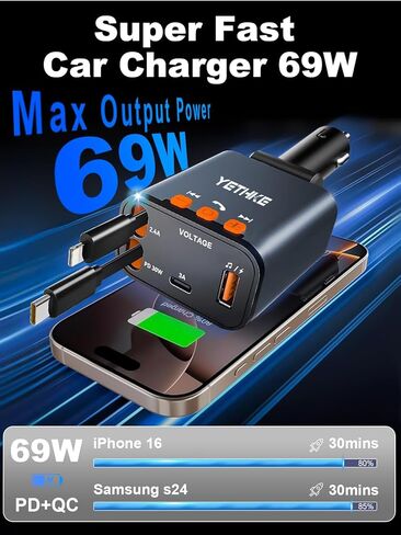 شاحن سيارة قابل للسحب ، [ترقية] محول جهاز إرسال Bluetooth 5.4 FM ، 4 في 1 شواحن السيارة السريعة 69W ، مكالمة هدية ، شاحن هاتف USB Cars وكابل قابل للسحب لـ iPhone 16 15 14 ، Galaxy-Black in Kuwait