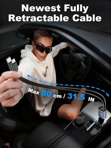 شاحن سيارة قابل للسحب ، [ترقية] محول جهاز إرسال Bluetooth 5.4 FM ، 4 في 1 شواحن السيارة السريعة 69W ، مكالمة هدية ، شاحن هاتف USB Cars وكابل قابل للسحب لـ iPhone 16 15 14 ، Galaxy-Black in Kuwait