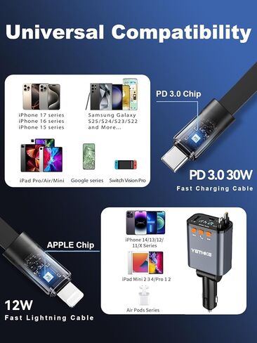 شاحن سيارة قابل للسحب ، [ترقية] محول جهاز إرسال Bluetooth 5.4 FM ، 4 في 1 شواحن السيارة السريعة 69W ، مكالمة هدية ، شاحن هاتف USB Cars وكابل قابل للسحب لـ iPhone 16 15 14 ، Galaxy-Black in Kuwait