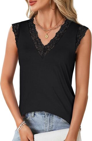 Vrtige Women's Tank Tops V Neck Sleeveless Lace Blouse Casual Vest Summer Camisole Shirts in Saudi Arabia