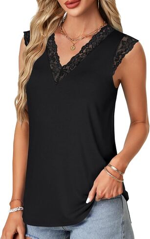 Vrtige Women's Tank Tops V Neck Sleeveless Lace Blouse Casual Vest Summer Camisole Shirts in Saudi Arabia