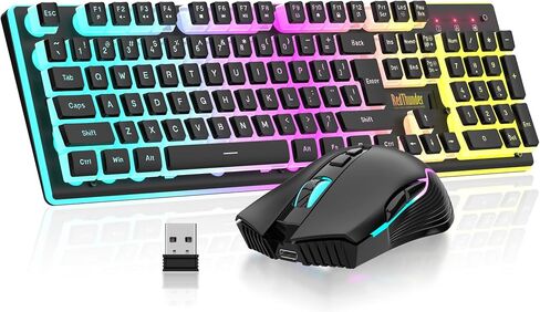 RedThunder K10 Wireless Gaming Keyboard and Mouse Combo, LED Backlit Rechargeable 3800mAh Battery, Mechanical Feel Anti-ghosting Keyboard + 7D 3200DPI Mice for PC Gamer (White-Gray) in Kuwait
