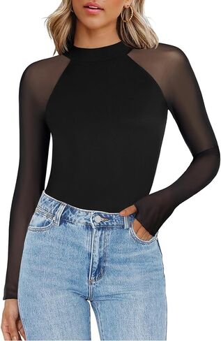 Zeagoo Long Sleeve Shirts for Women Floral Mesh Sheer Top Mock Neck Double Lined Fitted Going Out Blouses in Saudi Arabia
