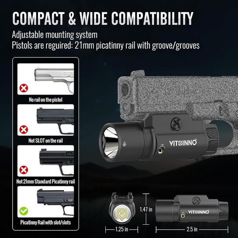 1750 Lumen Tactical Flashlight with Bottom Moonlight lamp, Rechargeable Pistol Light with Strobe/Momentary Compatible with Picatinny Rail in Saudi Arabia