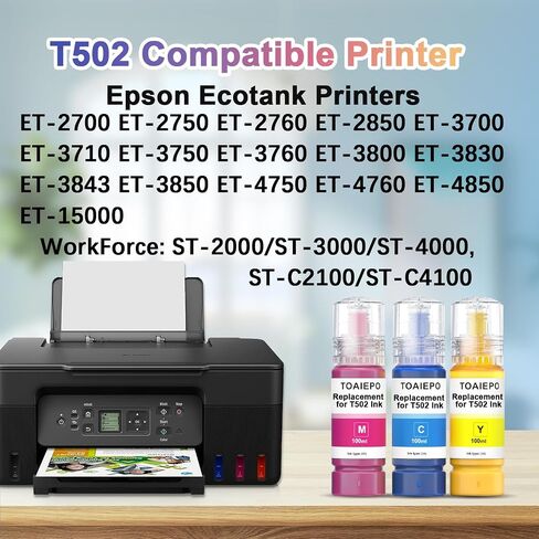 502 Refill Ink Bottle, Color Ink Replacement for T502 Work with ET-2850 ET-2760 ET-3850 ET-3710 ET-3750 ET-3760 ET-4850 ET-4750 Printer, Dye Ink(Cyan Magenta Yellow) in Saudi Arabia