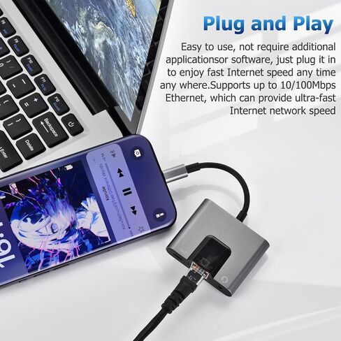 Type C to RJ45 Ethernet Adapter Network Adapter, Support 10/100Mbps Ethernet Network, with Type C Charge Port and 3.5mm Audio Jack, Compatible with iPhone 15/16/Android/i-Pad Pro/Mac/Galaxy in Kuwait
