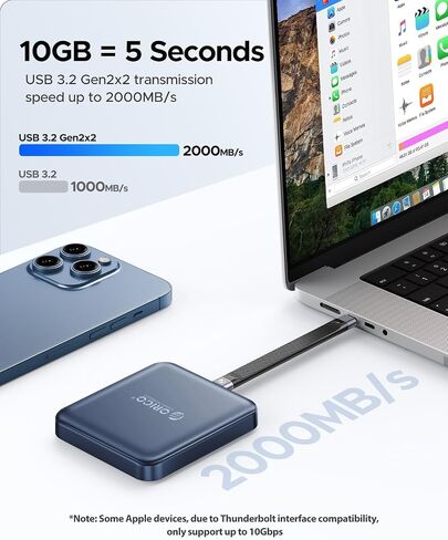 ORICO 1TB MAGSAFE SSD SSD ، 4K PRORES HDR Record and Store ، USB3.1 (1000MB/S) ، USB3.2 GEN2*2 (2000MB/S) ، محرك الحالة الصلبة المحمولة ، متوافق مع الهاتف الذكي USB -C (iPhone15/16 فقط) - A20Plus in Saudi Arabia