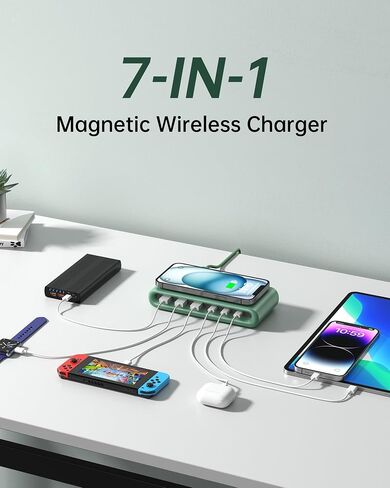 135W USB C Charging Station, 7-in-1 Magnetic Wireless USB Charger Station with PD 45 Fast Charging & 10W Wireless Charger for Phone 13 12 iPad Samsung Laptop and More in Saudi Arabia