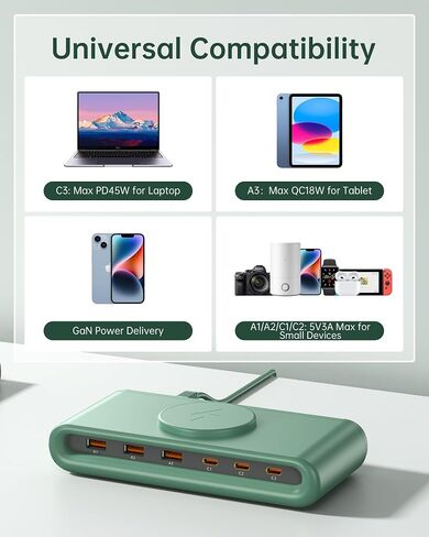 135W USB C Charging Station, 7-in-1 Magnetic Wireless USB Charger Station with PD 45 Fast Charging & 10W Wireless Charger for Phone 13 12 iPad Samsung Laptop and More in Saudi Arabia