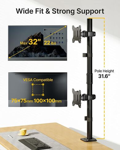 monTEK Stable Dual Monitor Stand for 17"–32" Computer Screens, Heavy-Duty Desk Mount with 22 lbs per Arm, Fully Adjustable Brackets and Arms, Clamp/Grommet Base, VESA 100×100mm Max in Kuwait