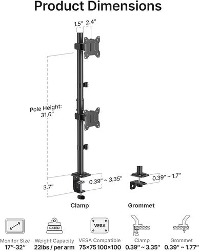 monTEK Stable Dual Monitor Stand for 17"–32" Computer Screens, Heavy-Duty Desk Mount with 22 lbs per Arm, Fully Adjustable Brackets and Arms, Clamp/Grommet Base, VESA 100×100mm Max in Kuwait
