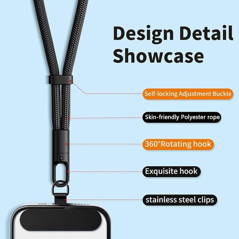 Phone Lanyard 2 Pcs - 1 Phone Wrist Strap, 1 Adjustable Crossbody Cell Phone Lanyard, 2 Metal Pads and 360° Rotating Metal Clips - Skin-Friendly, Universal for Most Phones (Black) in Saudi Arabia