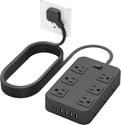 Power Strip Surge Protector 5 Ft Extension Cord with 12 AC Outlets 6 USB Ports Flat Plug 3-Sided Outlet Extender Home Office Kitchen Dorm Room Wall Desk Charging Station ETL Listed Black in Saudi Arabia