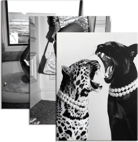 Bathroom Fashion Leopard Print Black and White Canvas Wall Art Trendy Women Posters Paintings Luxury Feminist Pictures Wall Decor for Bedroom Living Room Hallway Home Decoration 12×16 In Framed in Saudi Arabia