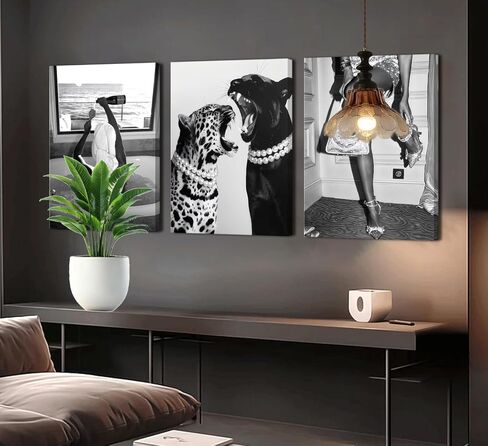 Bathroom Fashion Leopard Print Black and White Canvas Wall Art Trendy Women Posters Paintings Luxury Feminist Pictures Wall Decor for Bedroom Living Room Hallway Home Decoration 12×16 In Framed in Saudi Arabia
