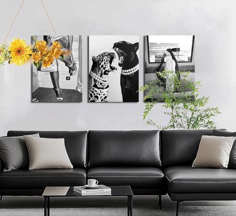 Bathroom Fashion Leopard Print Black and White Canvas Wall Art Trendy Women Posters Paintings Luxury Feminist Pictures Wall Decor for Bedroom Living Room Hallway Home Decoration 12×16 In Framed in Saudi Arabia