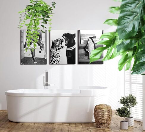 Bathroom Fashion Leopard Print Black and White Canvas Wall Art Trendy Women Posters Paintings Luxury Feminist Pictures Wall Decor for Bedroom Living Room Hallway Home Decoration 12×16 In Framed in Saudi Arabia