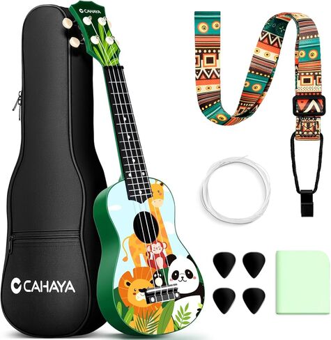 CAHAYA 21-Inch Cartoon-themed Mahogany Soprano Ukulele Beginner Kit with Gig Bag, Colorful Strap, and Fretboard Stickers—Ideal for Both Kids and Adults, Perfect Professional Hawaiian Ukulele Gift in Kuwait