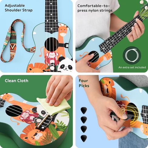 CAHAYA 21-Inch Cartoon-themed Mahogany Soprano Ukulele Beginner Kit with Gig Bag, Colorful Strap, and Fretboard Stickers—Ideal for Both Kids and Adults, Perfect Professional Hawaiian Ukulele Gift in Kuwait