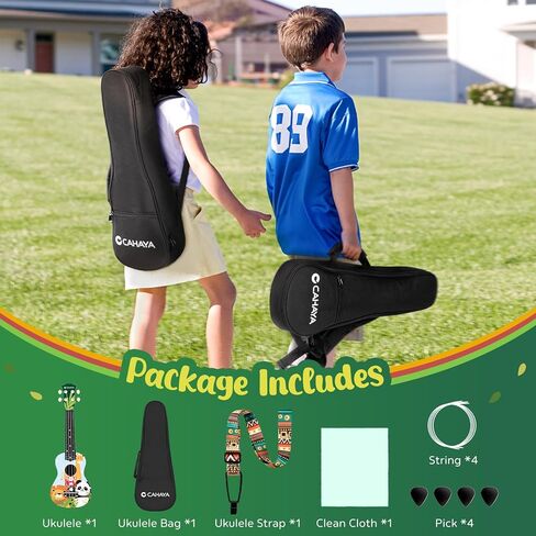 CAHAYA 21-Inch Cartoon-themed Mahogany Soprano Ukulele Beginner Kit with Gig Bag, Colorful Strap, and Fretboard Stickers—Ideal for Both Kids and Adults, Perfect Professional Hawaiian Ukulele Gift in Kuwait
